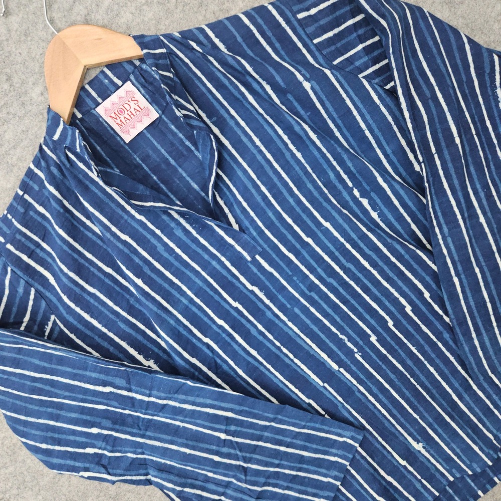 Mod's Mahal Kurta Shirt Men's Blue Large Cotton Indigo Block Print Striped Tunic